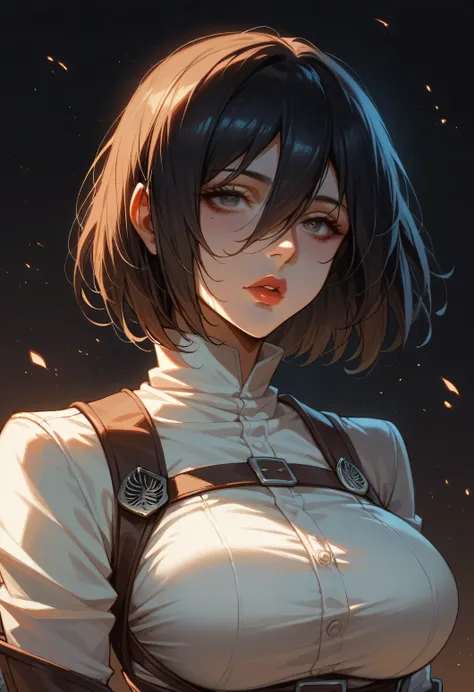 Mikasa Ackerman character standing, pretty face with intense makeup, kohl-lined eyes, pretty nose like a peak, sweet red lips, big breasts, bouncy tits, wearing a Knight of Harmony dress, dark background, high quality UHD 18K,