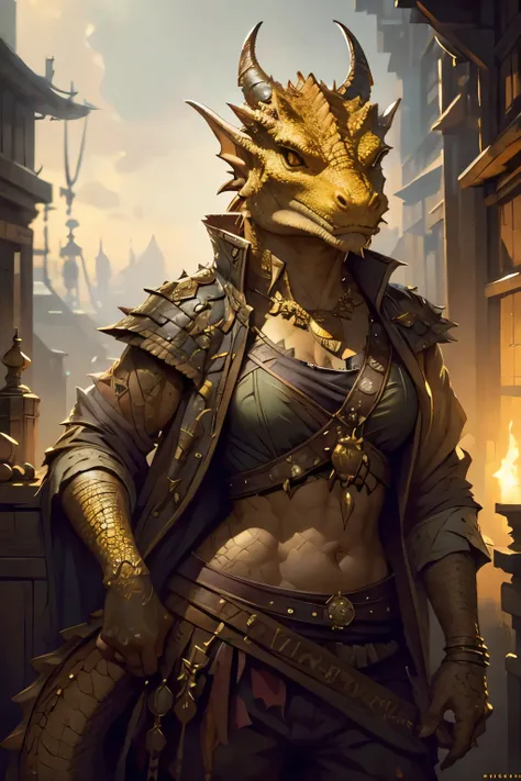 (brass dragonborn), female, horns, solo portrait, urchin, (scales), tail, ragged clothes, ((masterpiece, best quality)), art by greg rutkowski