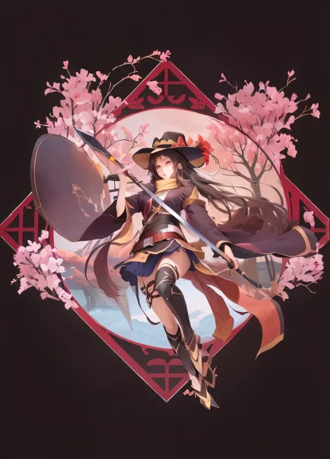 Anime girl with sword and hat on black background, Megumin, Onmi Oji detailed art, onmyoji, Anime Fantasy Illustration, Nobushi is holding a naginata., onmyoji portrait, Fantasy style animation, half invoker half Megumin, Anime style illustration, Animated...