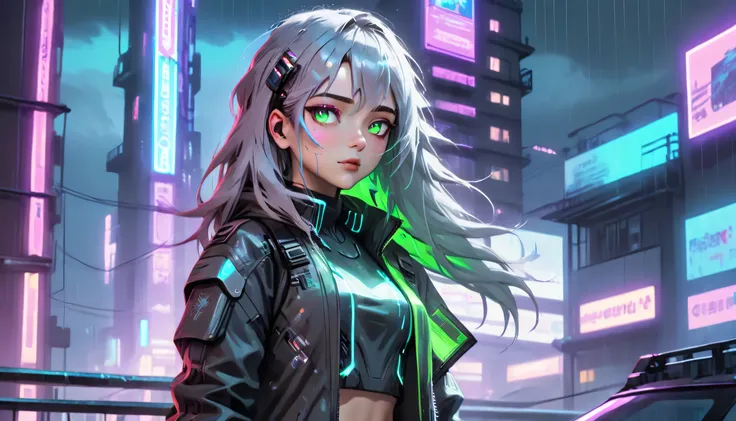 cyberpunk or post-apocalyptic style girl with a futuristic touch, tight combat clothing with technological details, as light arm...