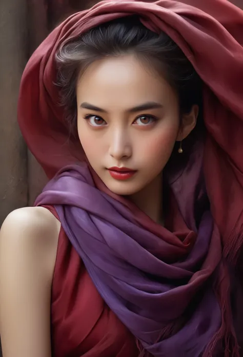 (Best Quality, 4K, 8K, High Resolution, Masterpiece: 1.2), (Super Detailed, Realistic, Photorealistic:1.37),A stunning woman in a dark red dress with a long violet scarf, Beautiful Woman Photos, iridescent eyes, Beautiful fantasy empress, Jan J, style of A...