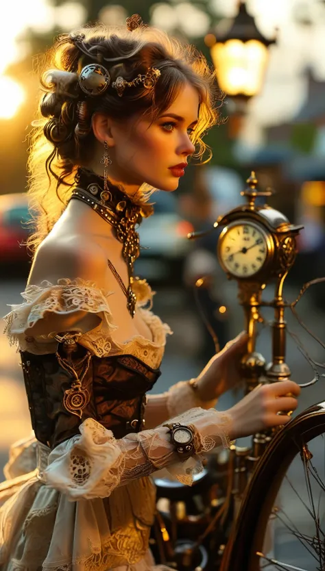 A close-up shot of a ravishing woman, donning a stunning steampunk ensemble with intricate brass accents and delicate lace details, perches elegantly on the handlebars of an elaborately crafted, Victorian-inspired bicycle. The warm golden light of a settin...