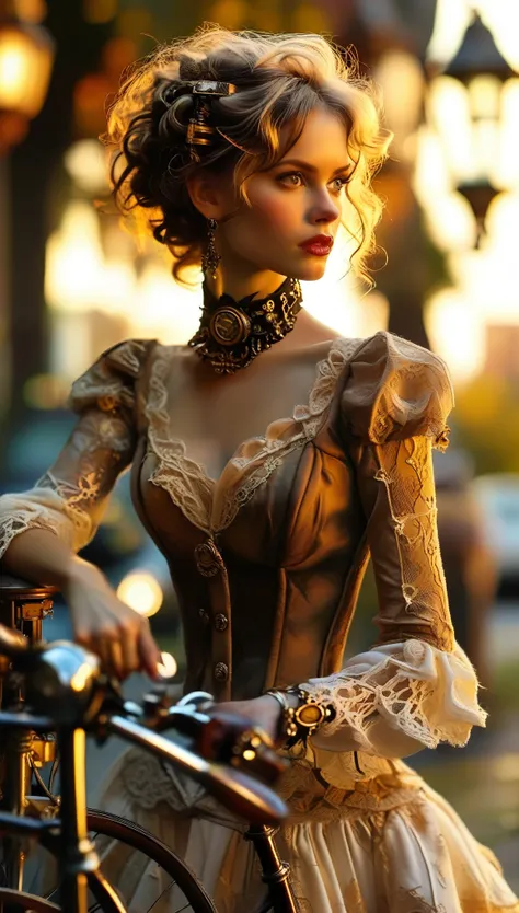 a close-up shot of a ravishing woman, donning a stunning steampunk ensemble with intricate brass accents and delicate lace detai...