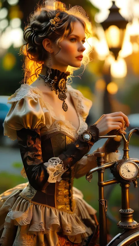 A close-up shot of a ravishing woman, donning a stunning steampunk ensemble with intricate brass accents and delicate lace details, perches elegantly on the handlebars of an elaborately crafted, Victorian-inspired bicycle. The warm golden light of a settin...