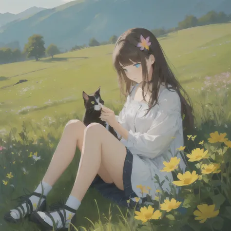 1 girl,1 cat, Resting on the grassland，There are flowers and butterflies，