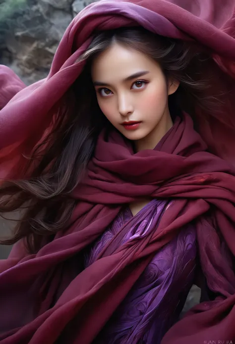 A stunning woman in a dark red dress with a long violet scarf, Beautiful Woman Photos, iridescent eyes, Beautiful fantasy empress, Jan J, style of Art Gelm, Art Gelm and ruan jia, extremely detailed Art Gelm, trending Art Gelm, Art Gelm. ruan jia and Art G...