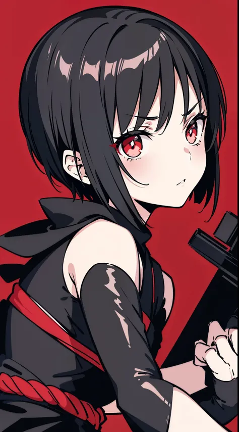 1girl, side portrait, black and white, messy short hair, ninja outfit, confident gaze, monochrome red color scheme, looking to the viewer, assassin stance,