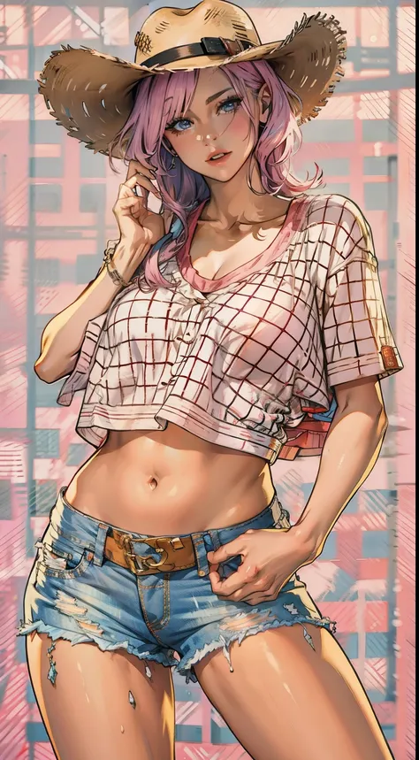 woman, of four, ripped jean shorts, pussy and the show, super delicious, ultra realistic, outlined, 8k, cowboy hat on head, pink checkered t-shirt, exposed breasts, new