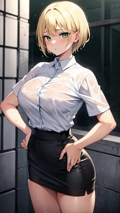 American white girl,Blonde,Very Short Hair,Green Eyes,White shirt,Black Miniskirt,Sweaty,Wet,Cool look,Big Breasts,Stand up,Place hands on hips,