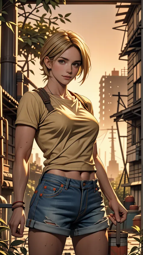 FY2076. Wasteland urban ruins, Female hunter picking fruit in garden, Beautiful Face, blonde, A badly torn shirt and denim shorts , muscular legs, Sweat it out, sunrise, nice warm colors, Head to Toe, full body shot, Clean hands, Perfect Fingers,