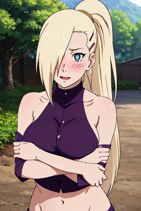 ((((wearing purple clothes))))),(((((Large breast))))), (((((SLight blush)))) Ino yamanaka, looking at the viewer, gorgeous, attractive, groin, cowboy shot, ultra detailed face, sunny day, day time, upper body view, anime style, solo, detailed flower field...