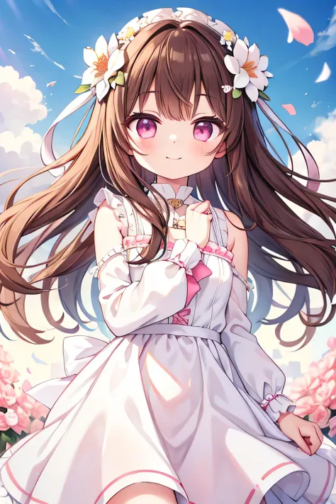 brown hair, white dress, hair ornament flower, long hair, wind, smile, pink eyes, flower area, masterpiece