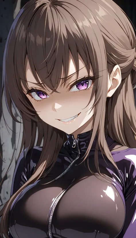 Detailed work, best quality, 4K clarity, shaded face(eys in shadow), Anime, background, , จากซีรีย์ Alya Sometimes Hides Her Feelings in Russian, Suou Yuki, long brown hair, purple eyes, ตาแบบAnime, B cup breasts, latex, , ,evil grin,evil smirk,face up,