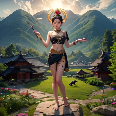 Three-headed goddess，Three young heads，Four arms，Green Skin，Standing barefoot in the garden，Beautiful，Cute ，共有Four arms的女孩，Four arms分别是：Her upper right hand holds a trident halberd.，Lower right hand holding a peacock feather fan，Holding a black snake in th...