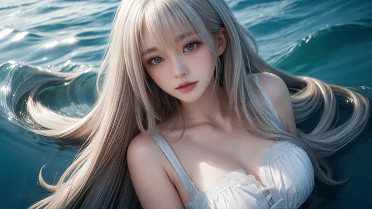 reflected light、Platinum blonde hair with dazzling highlights、Shiny Hair、Super long, Silky straight hair、Beautiful shiny bangs、bright, clear, charm, large blue eye、so beautiful, A cute and adorable  girl.、Ample Bust、Beautiful detailed eye、 Beautiful and so...