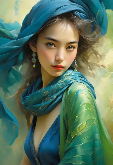 A stunning woman in a indigo blue dress with a long green scarf, Beautiful Woman Photos, iridescent eyes, Beautiful fantasy empress, Jan J, style of Art Gelm, Art Gelm and ruan jia, extremely detailed Art Gelm, trending Art Gelm, Art Gelm. ruan jia and Art...