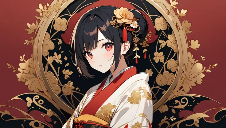 Design illustration of a beautiful young woman wearing traditional Japanese costume, The white and red kimono features intricate floral patterns and gold accents..The character has a calm expression, The background should incorporate intricate golden flora...