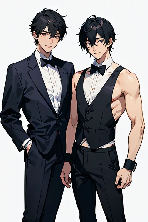 Two Japanese people　Two men　Two handsome guys　Black Hair　　　smile　　Bow tie　naked　Singlet　Brief　cuffs　Future Space　Man and Man