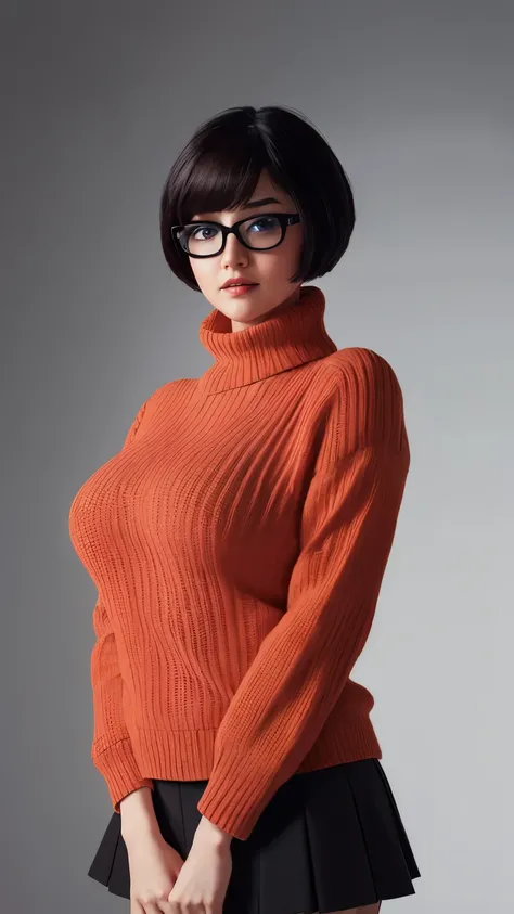 1girl, star eye, blush, perfect illumination,black 
short hair , red eyes, unreal engine, sidelighting, detailed face, bangs, bright skin, simple background, dark background, orange color turtle neck sweater, mini skirt, massive boobs and tits, full body, ...