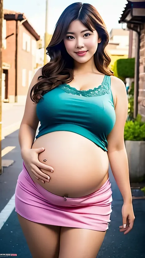 a voluptuous madre e hija de 20-year-old woman in a short skirt, masterfully detailed face, extremely beauty large breasts, ((pregnant)), intricate folds in short clothing, realistic skin texture, Gyaru aesthetic, cute and charming, photorealistic, 8k, bes...