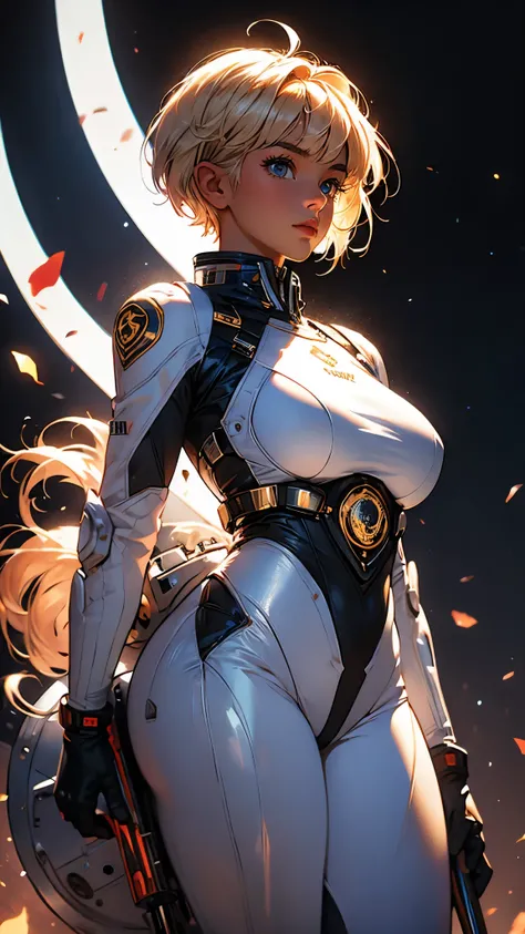 ((Masterpiece)), envision a 8k, highres, cinematic, extremely beautiful semi realistic full body pinup of a beautiful mature warrior woman with a sweet face, slender curvy body, ((big breasts)), soft face, angel face, ((short pixie cut golden blonde hair))...