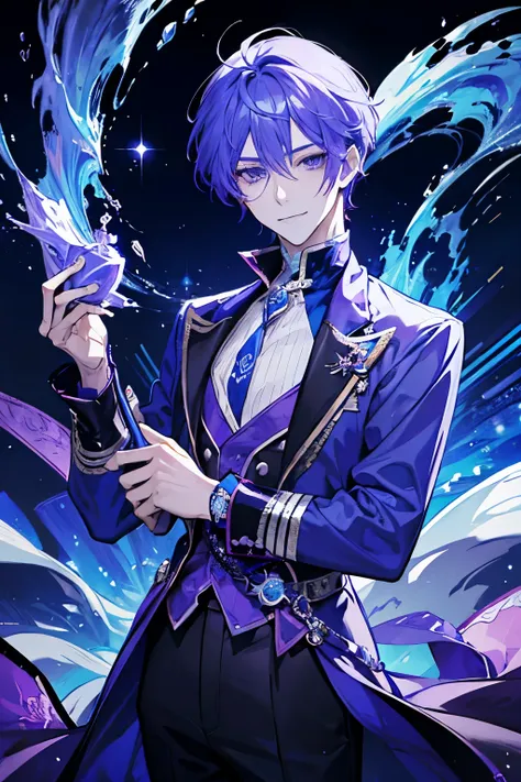 Anime prince. Purple hair. Blue eyes. Ice magic user. Combine old English culture with fantasy settings. Allure. Sassy confidence. Cunning. Sly smile. Trickster smile. Master planers. Holding chess piece. Sly smile