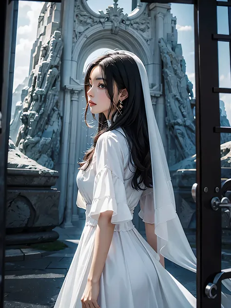 1 woman, black hair, blue pupils, delicate face, cute, love earrings, white dress, standing in front of the heavens gate, surreal