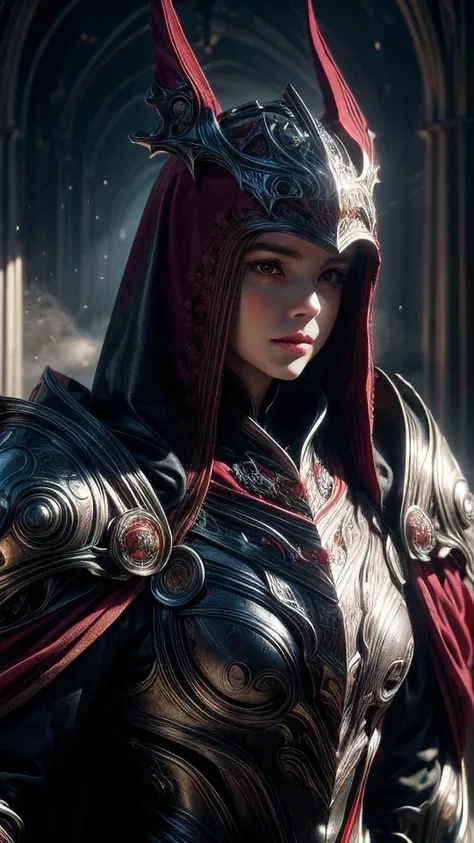 1 woman in red armor, skin exposed:1.5, half body view, hood cloak, beautiful detailed eyes, beautiful detailed lips, extremely detailed face, long eyelashes, realistic, photorealistic, photo-realistic:1.37, 8k, highres, masterpiece:1.2, ultra-detailed, fa...