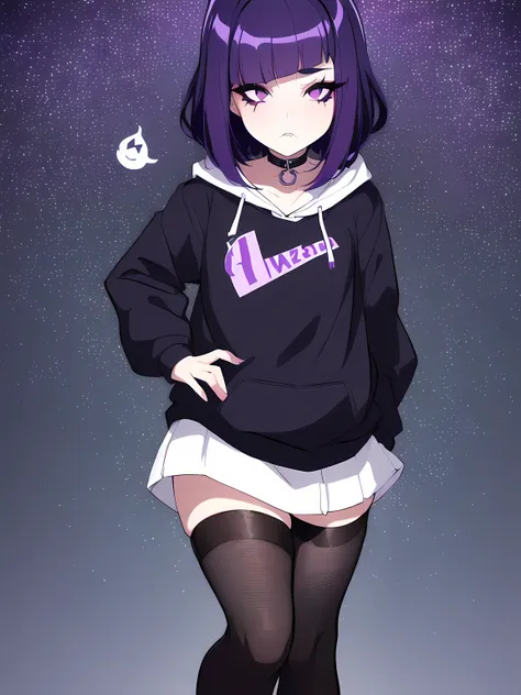 a cartoon girl with baby bangs, dark purple hair and empty white eyes, wearing an overdized black hoodie, bubble goth, gloomy st...