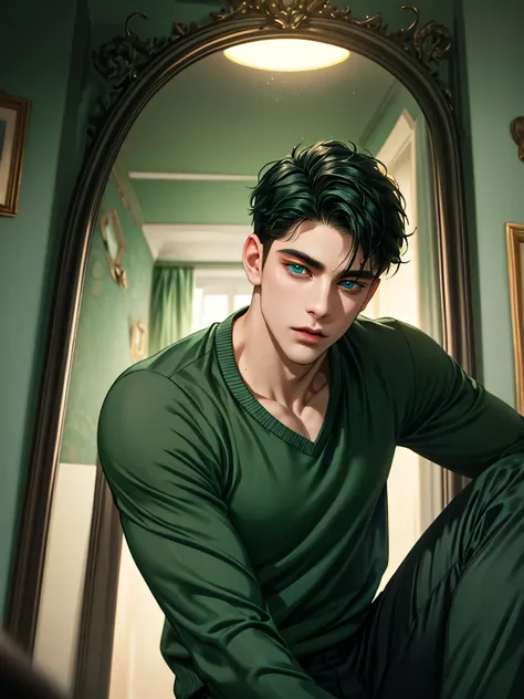 Handsome young man, black hair short hair, blue eyes, ombros largos, masterpiece, Absurd, Beautiful and detailed face, Looking at the viewer, with dark green long sleeve adidas sweater, wide green pants, night atmosphere, a dark room