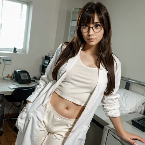 1 beautiful girl, doctor, bangs hairstyle, long hair, beautiful detailed eyes, glasses, looking at camera, sexy figure, full body, long sleeve shirt, long pants, lab coat, hospital