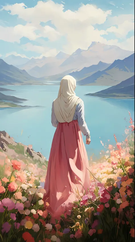 anime, anime style, masterpiece, 8k, high detail, high quality, woman in dress, fully covered, hijab, hijabi, scenery, valley, lake, blue sky, clouds, vibrant, flowers, flower field, long dress, back view, full body, wide angle,