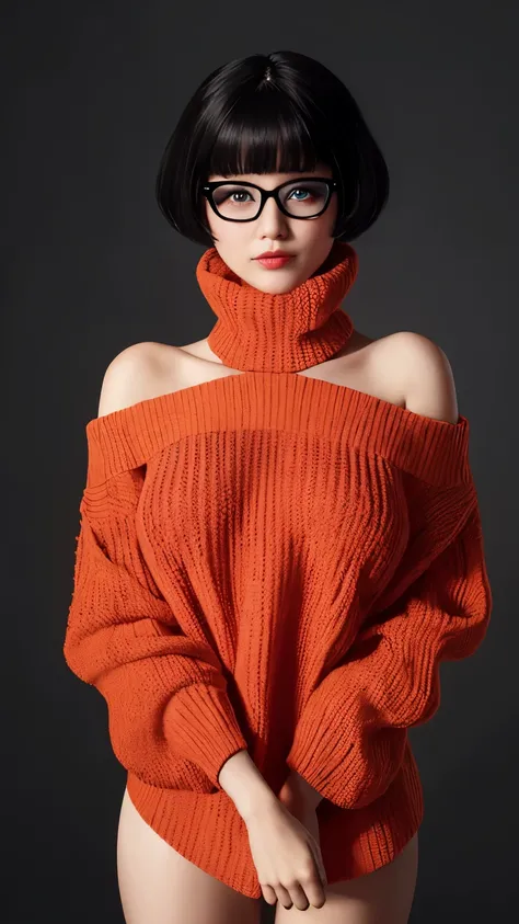 1girl, star eye, blush, perfect illumination,black 
short hair , red eyes, unreal engine, sidelighting, detailed face, bangs, bright skin, simple background, dark background, wearing oversize orange color turtle neck sweater, no panties, massive boobs and ...