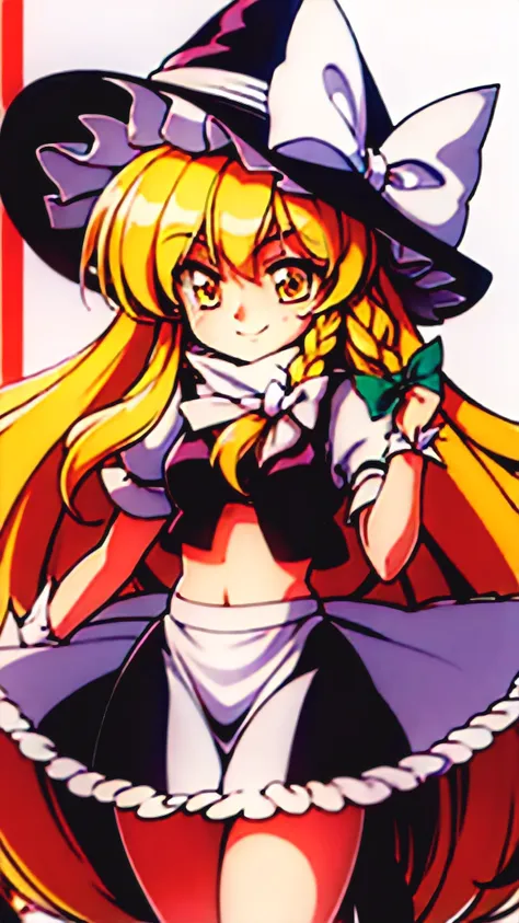 retro artstyle kirisame_marisa_touhou
blonde_hair, long_hair, hat, witch_hat, bow, yellow_eyes, braid, single_braid, hat_bow, sm...