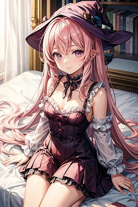 An adorable little witch, in shades of pink, anime girl, anime style, manga style, cute, light pink hair

