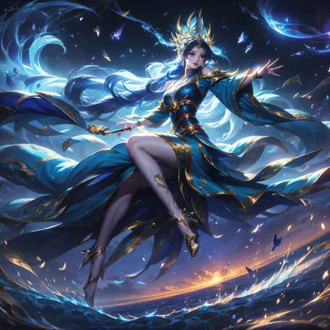 Create an illustration of Kagura from Mobile Legends: Bang Bang as a Zodiac-themed character. She should wear an elegant outfit inspired by the zodiac signs, incorporating celestial motifs and symbols. Her umbrella should have zodiac constellations glowing...