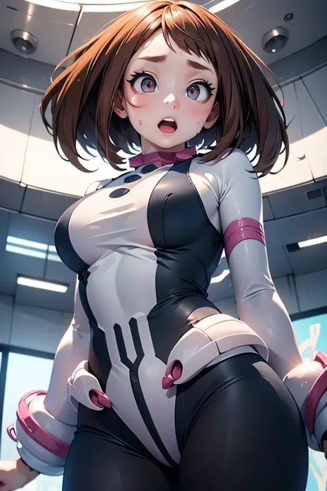 (Very detailed CG Unity 8K wallpaper),(masterpiece), (Best Quality), (Very detailed), (Best illustrations),(Best Shadow), ass focus、Shortcuts、Bodysuits、Ochaco Uraraka、Model、The viewer looks up from below、She is looking down at the viewer(sweat, blush, narr...