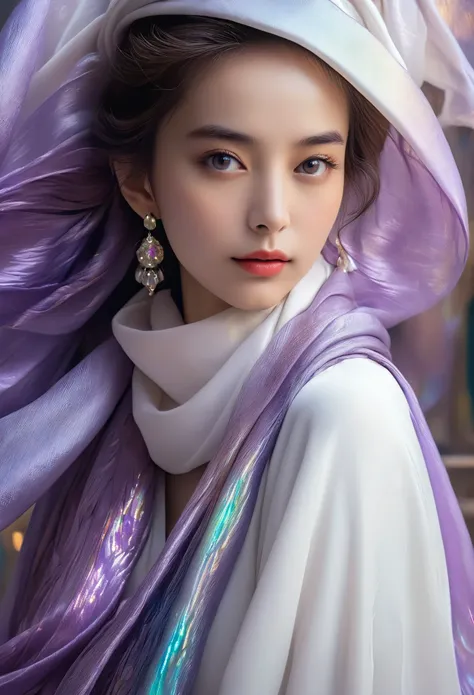 A woman in a white dress with a long iridescent purple scarf, Beautiful Woman Photos, Beautiful fantasy empress, Jan J, style of Art Gelm, Art Gelm and ruan jia, extremely detailed Art Gelm, trending Art Gelm, Art Gelm.  ruan jia and Art Gelm, Inspired by ...