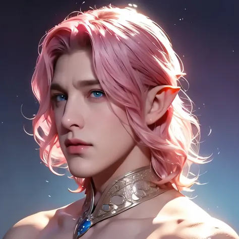 male, young, , Short wavy hair, Pink Hair, blue eyes, Elf, Upper body naked, Medieval Background