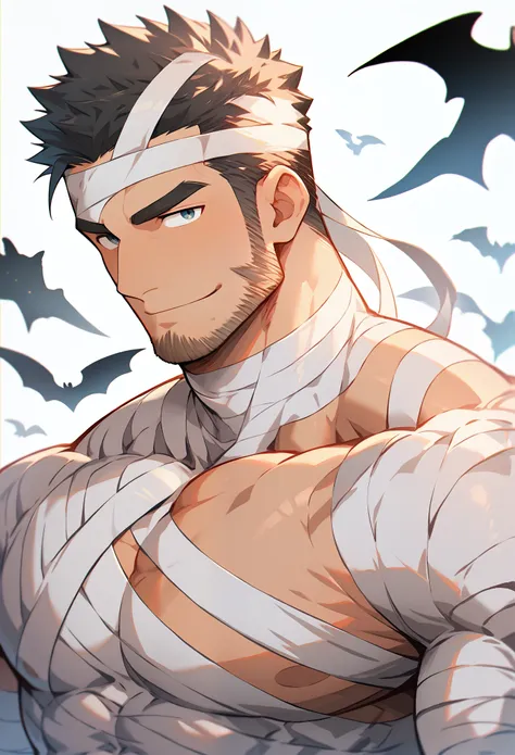 anime character: priapus, muscular male in his 30s, masculinity, male focus, halloween, mummy cosplay, bandage, firm chest muscl...