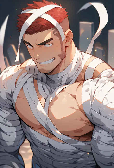 anime characters: priapus, muscular man in his 30s, masculinity, male focus, grave, mummy man cosplay, bandages, toned pectoral ...