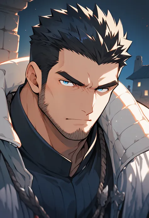 Anime characters: Priapus, muscular man in his 30s, masculinity, male focus, stone castle, night, vampire hunter, muscular man, thick eyebrows, exposed skin, serious expression, blue eyes, black hair, stubble, cross