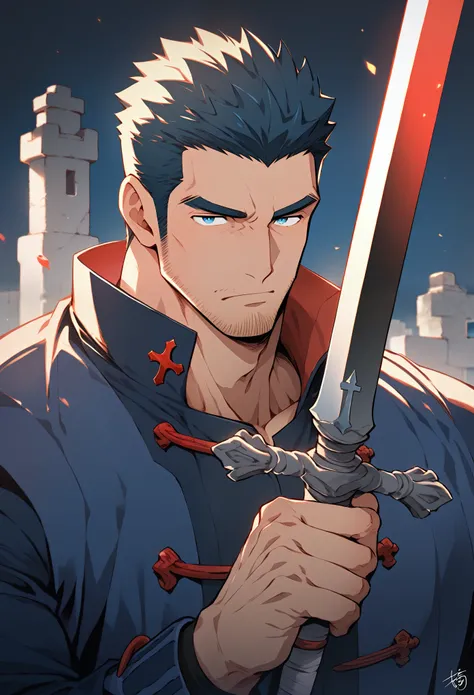 Anime characters: Priapus, muscular man in his 30s, masculinity, male focus, stone castle, night, vampire hunter, muscular man, thick eyebrows, exposed skin, serious expression, blue eyes, stubble, cross, indigo coat, sword