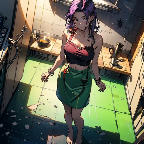 (masterpiece), best quality, 1girl, expressive eyes, perfect face, (purple hair), perfect anatomy, full body, 4k, HDR, full HD, alone, he is standing cooking, he is wearing an apron with a flower design, Under the apron she is wearing a red strapless crop ...