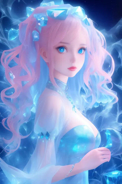 painting of a beautiful young woman., mysterious waves at night. 3d. Light-blue and light-pink, The melting beauty of the universe. Surrealism in Nebula Reflections. Glass texture，translucent，crystal