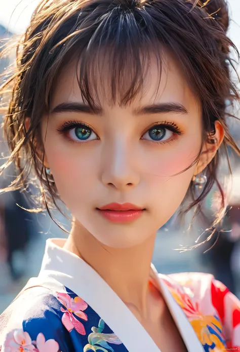 (Best Quality, 16k, masterpiece: 1.3)), 1 cute girl, (Sharp focus:1.2), stunning woman with perfect figure:1.4), (Slim Abs:1.2), (((Short Bob Hair)), ((small: 1.4)), ((Beautiful Face Idol: 1.3)), iridescent eyes, (wearing kimono:1.5)), Highly detailed face...