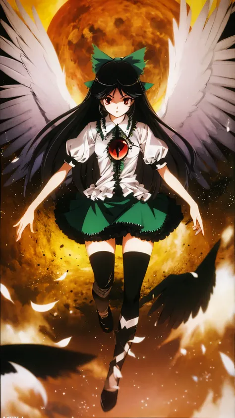 retro artstyle reiuji utsuho
1girl, wings,long hair,black hair,red eyes,hair bow,third eye, white shirt,green skirt,short sleeves, black thighhighs,