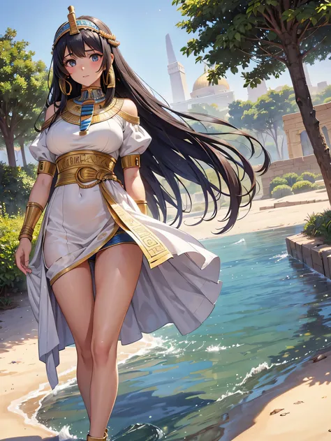 All intricate realistic details: "An ancient Egyptian teen girl walking along the banks of the Nile River, Her body and face are similar to Pricilla Ricart, Lightweight clothing due to the heat, anime mappa style, with detailed and intricate realistic fron...