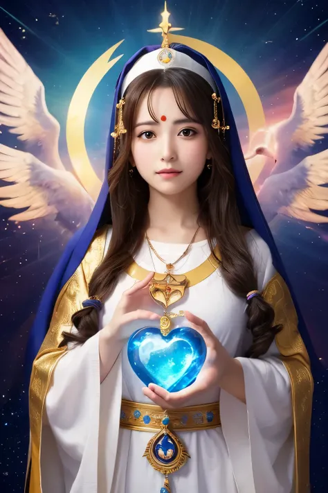 Cute priestess, beautiful and divine jewel in the shape of a big shining heart in her hand, divine background,
