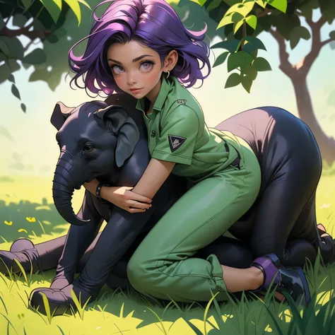 (masterpiece), best quality, 1girl, expressive eyes, perfect face, (purple hair), perfect anatomy, full body, 4k, HDR, full HD, alone, works as a veterinarian in a zoo, wears green veterinary clothes , she is sitting on the grass, near her a baby elephant ...